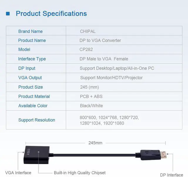 Alt view image 2 of 5 - DisplayPort Display Port DP to VGA Adapter Cable Male to Female Converter for PC Computer Laptop HDTV Monitor Projector