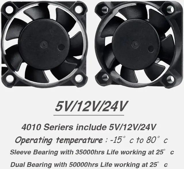 Alt view image 3 of 5 - 5PCS DC 24V 12V 5V 40mm x 40mm x 10mm 2-Pin Ball Bearing Computer PC Case Cooling Fan 4010