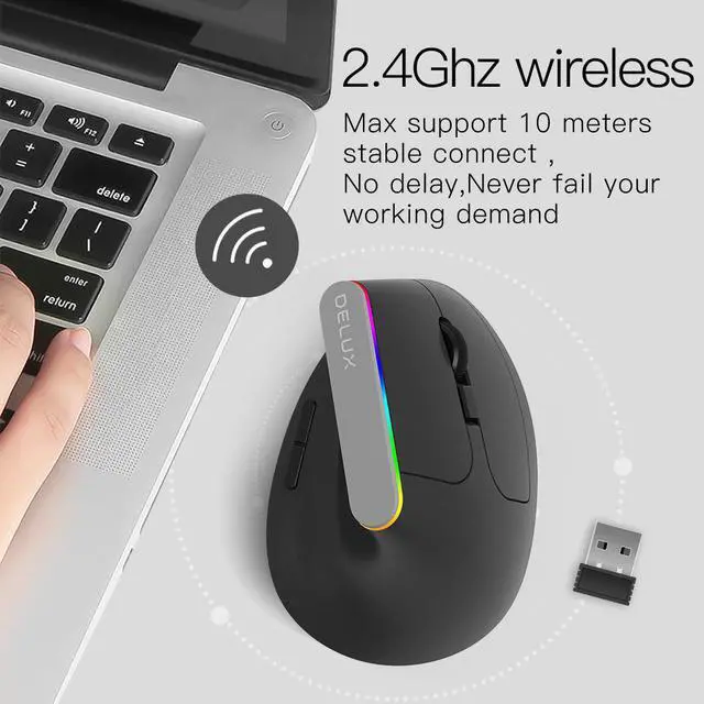Alt view image 5 of 6 - Delux M618C Wireless Mouse Ergonomic Vertical 6 Buttons Gaming Mouse RGB 1600 DPI Optical Mice With For PC Laptop