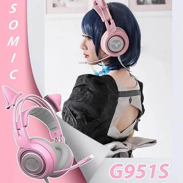 Main image of G951S Pink Gaming Headset Cat Earphone Noise Reduction Deep Bass 3.5mm Headphone With Mic for PUBG LOL Computer Gamer