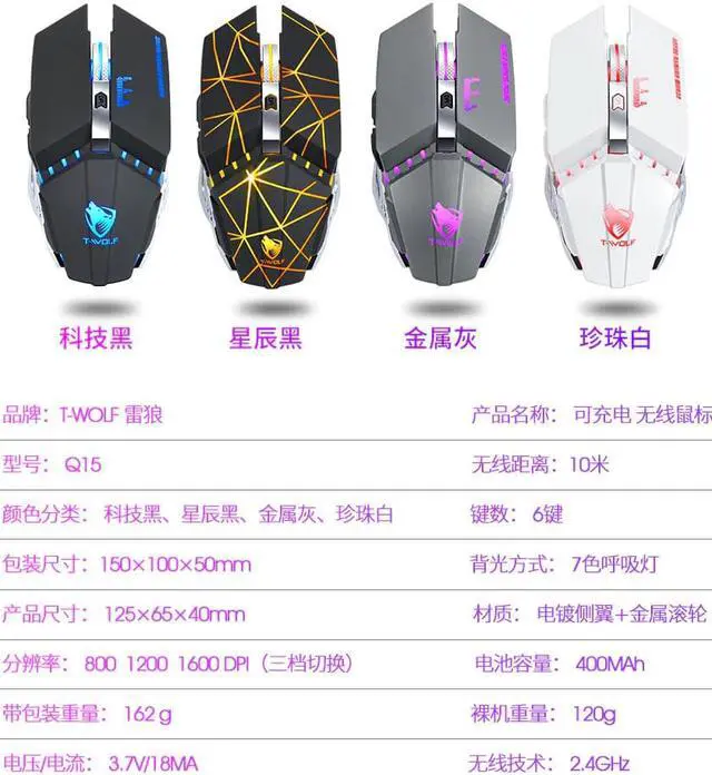 Alt view image 3 of 5 - Wolf Q15 Charging Silent Wireless Mouse Notebook Computer Peripheral Office Game USB Mouse  wireless mouse
