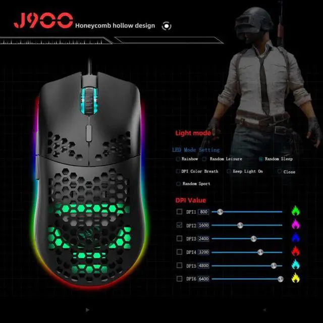 Alt view image 5 of 5 - 6400DPI HXSJ J900 Programmable USB Wired Gaming Mouse RGB Gamer Mouses with Six Adjustable DPI  for PC computer Desktop Mice