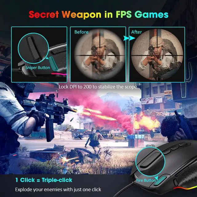 Alt view image 5 of 5 - PC257 Gaming Mouse Wired 12000 DPI Ergonomic Mouse USB With RGB Backlit 10 Programmable Buttons For Computer Gamer Mice