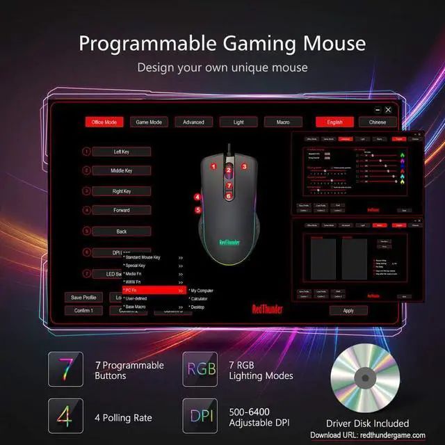 Alt view image 2 of 5 - Gaming Mouse Wired, 7 Programmable Buttons, Chroma RGB Backlit, 6400 DPI Adjustable, Comfortable Grip Ergonomic