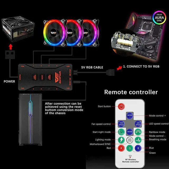 Alt view image 3 of 5 - DR12 Pro PC Case RGB Fan 120mm AURA SYNC 5V/3pin Quiet CPU Cooler Fan PC Case Fan RGB Controller 6 Pin CPU Radiator