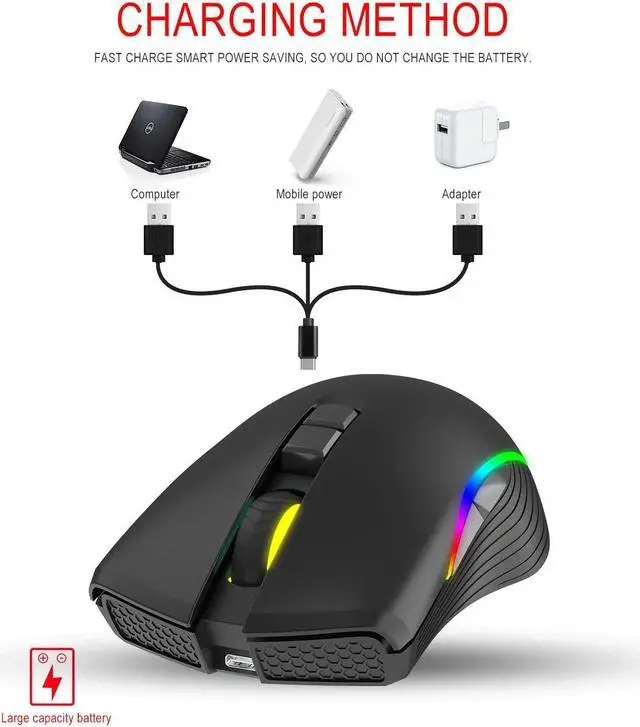Alt view image 3 of 5 - 2.4Ghz Wireless Gaming Mouse 2400DPI Adjustable RGB Gamer Mice Rechargeable Wireless Mouse Optical Sens for Laptop Computer PC