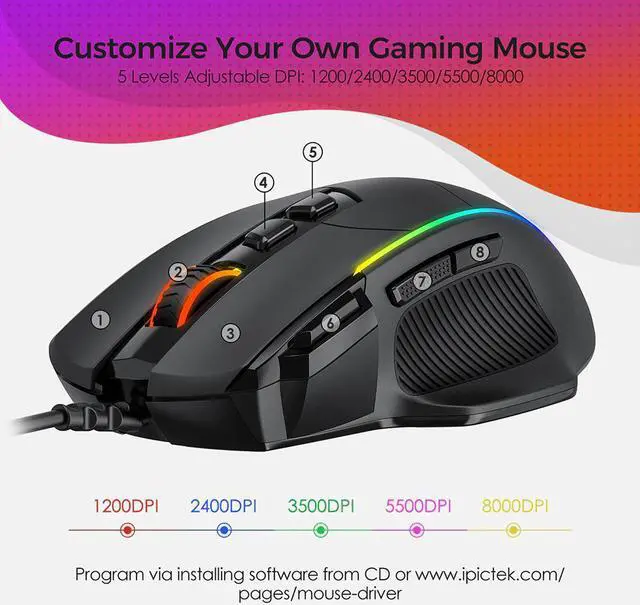 Alt view image 2 of 5 - PC278 Gaming Mouse Ergonomic Wired Computer Mouse Gamer 8 Buttons Programmable Mice with 8000 DPI RGB Backlit for PC Game