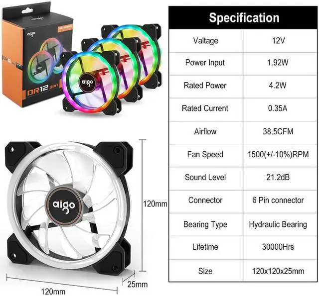 Alt view image 4 of 5 - DR12 120mm Cooler Fan Double Aura RGB PC Fan Cooling Fan For Computer Silent Gaming Case With IR Remote Controller am3 am4