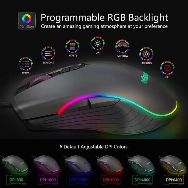 Alt view image 3 of 5 - Gaming Mouse Wired, 7 Programmable Buttons, Chroma RGB Backlit, 6400 DPI Adjustable, Comfortable Grip Ergonomic