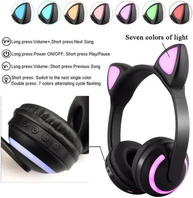 Alt view image 3 of 5 - Bluetooth Stereo Cat Ear Headphones Flashing Glowing Cat Ear Headphones Gaming Headset Earphone 7 Colors LED Light