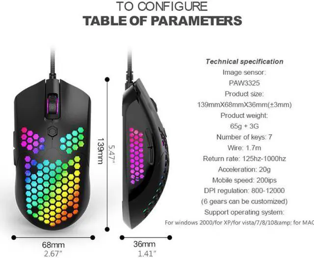 Alt view image 3 of 5 - Hollow-out Honeycomb Shell Gaming Mouse  RGB Backlit Light Wired Mice Q6PA