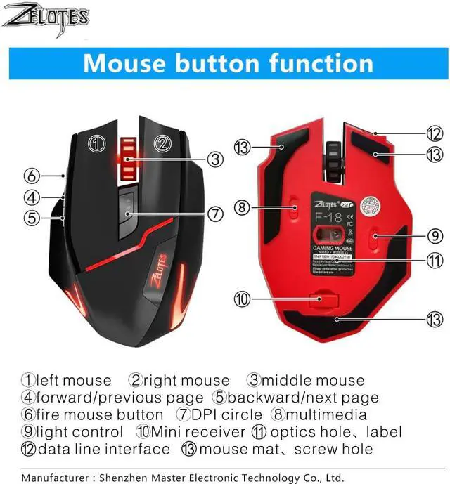 Alt view image 4 of 5 - F-18 Dual-mode Gaming Mouse6 Level 3200DPI 500Hz Wireless 7 Color Computer Mouse  2.4GHz With Mini USB