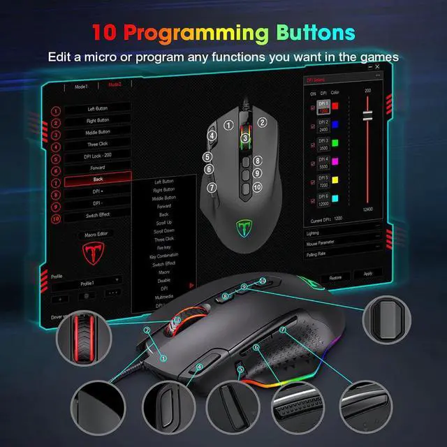 Alt view image 2 of 5 - PC257 Gaming Mouse Wired 12000 DPI Ergonomic Mouse USB With RGB Backlit 10 Programmable Buttons For Computer Gamer Mice