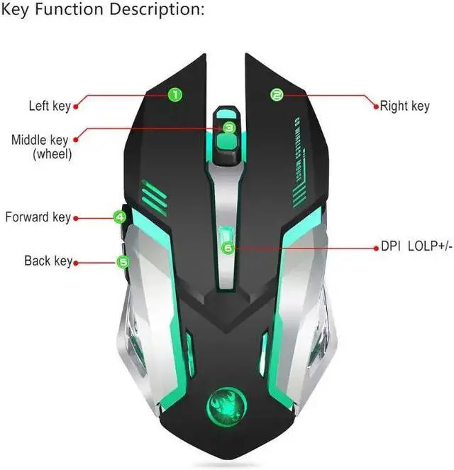 Alt view image 5 of 5 - 2.4Ghz Wireless Gaming Mouse Rechargeable 7 Colors Backlit 2400 DPI Optical Mice with USB Receiver for Computer PC