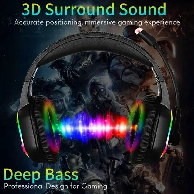 Alt view image 3 of 5 - 3.5mm Gaming-Headset RGB Light Gaming Headphones For Computer Adjustable Bass Stereo PC Gamer Over Ear Wired Headset With Mic
