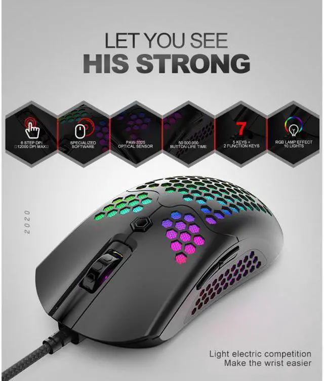 Alt view image 4 of 5 - Hollow-out Honeycomb Shell Gaming Mouse  RGB Backlit Light Wired Mice with 7 Buttons for Game Lovers