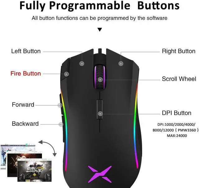 Alt view image 2 of 5 - M625 PMW3360 Sensor Gaming Mouse 12000DPI 7 Programmable Buttons RGB Backlight Wired Mice with Fire Key For FPS Gamer