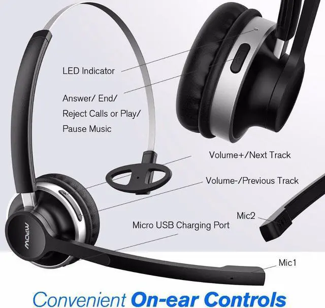 Alt view image 2 of 5 - HC3 Bluetooth 5.0 Headphone Dual Noise Cancelling Microphone Clear Wireless&Wired Headset For PC Laptop Call Center Phones