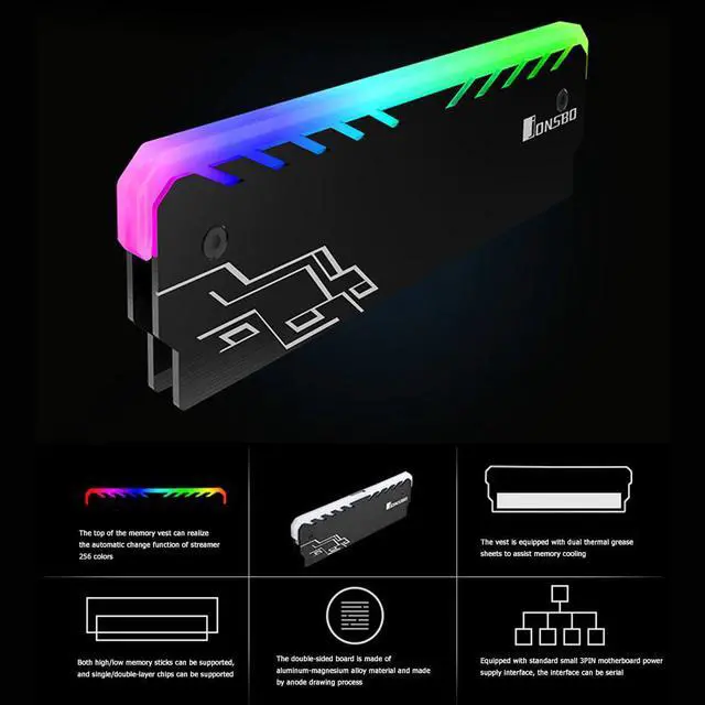 Alt view image 5 of 5 - RGB RAM Heatsink for Desktop PC Computer Gaming Overclocking DDR DDR3 DDR4 Memory Cooling Heat Spreader Cooler
