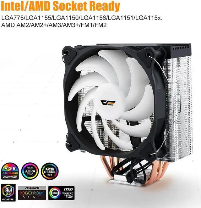 Alt view image 2 of 5 - CPU Cooler Silent PWM Fan 120mm Sync with RGB Lights 4 Heatpipes CPU Cooling TDP 180W Radiator for LGA775/1150/AM3/AM3+
