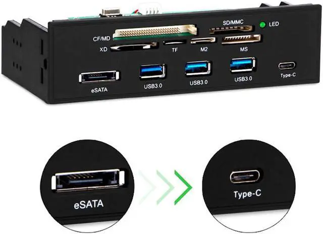 Alt view image 3 of 5 - 5.25" PC Computer Front panel USB 2.0 card reader with 3 ports USB3.0,Type-C, eSATA,MD,SD/MMC,XD,TF,M2,MS,64G CF Reader