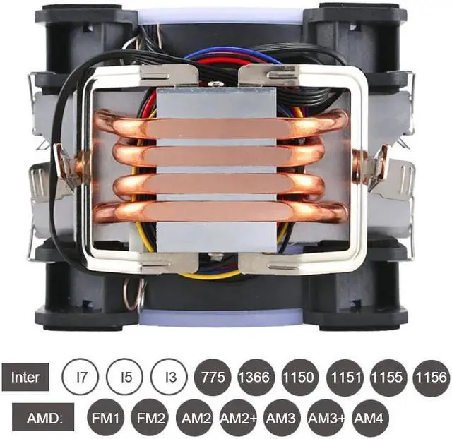 Alt view image 4 of 5 - Universal Computer CPU Cooler Fan RGB 4Pin CPU Cooling Fans For Inter 775/1151/1155/1156 Heatsink 4/6 Heatpipe Fan For AMD