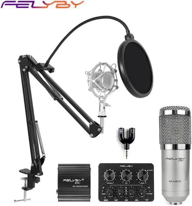 Main image of professional bm800 condenser microphone 48V phantom power multi-function live sound card and metal shockproof rack