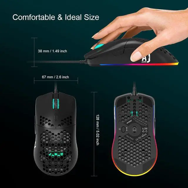 Alt view image 3 of 5 - AJ390 Gaming Mouse 7 Keys Honeycomb Hollow Design 69g Lightweight Wired Mouse 6 Colors LED Light 16000DPI Adjustable ABS