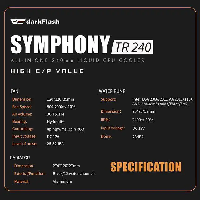 Alt view image 5 of 5 - CPU Cooler PC Case Water Liquid Cooling AIO Cooler Radiator 240mm RGB fan Sync for AMD Ryzen/LGA 2066/2011/155X