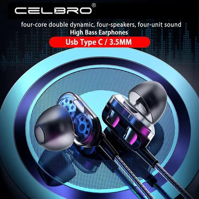 Main image of Bass Wired Earphone with Mic Usb C Headphone Dual Drive Stereo In-Ear Hi-Fi Earphones Type C Computer Earbud for Cell Phone