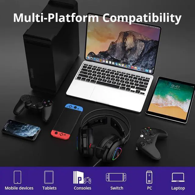 Alt view image 5 of 5 - Glary Alpha Gaming Headphones ps4 Headsets Gamer with LED Lighting, 3.5mm+ USB Port for ps4, witch, Computer, Laptop