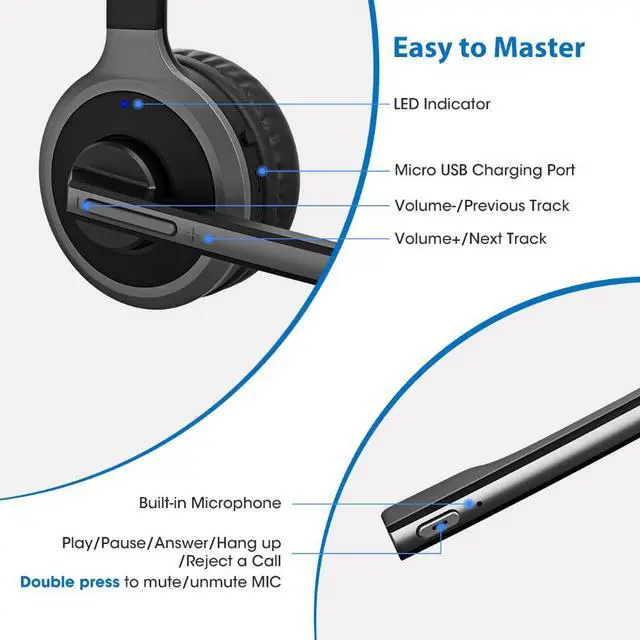 Alt view image 5 of 5 - M5 Pro Bluetooth 4.1 Headphones With Mic Charging Base Wireless Headset For PC Laptop Call Center Office 18H Talking Time