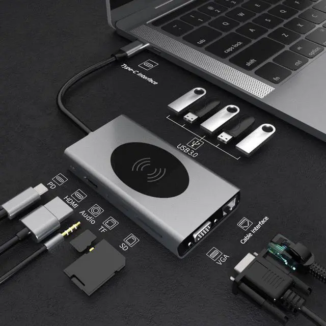Alt view image 2 of 5 - 13 in 1 Aluminum Alloy USB Type C to USB3.0 VGA RJ45 HDMI PD Audio3.5 TF 10W Wireless Charger Hub Adapter USB Docking Station