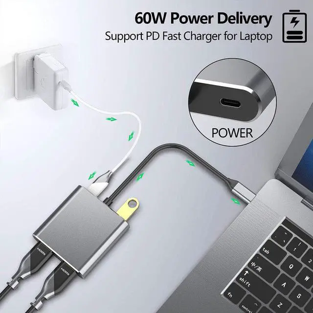 Alt view image 3 of 5 - 4 in 1 Portable USB 3.1 Type C HUB Converter Dual 4K  USB 3.0 PD Charge Video Audio Adapter Laptop Cable Splitters