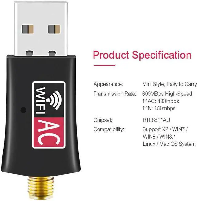 Alt view image 2 of 5 - 600Mbps USB wireless wifi Adapter 2.4GHz 5GHz WiFi with Antenna Dual Band PC Mini Computer Network Card Receiver 802.11b/n/g/ac