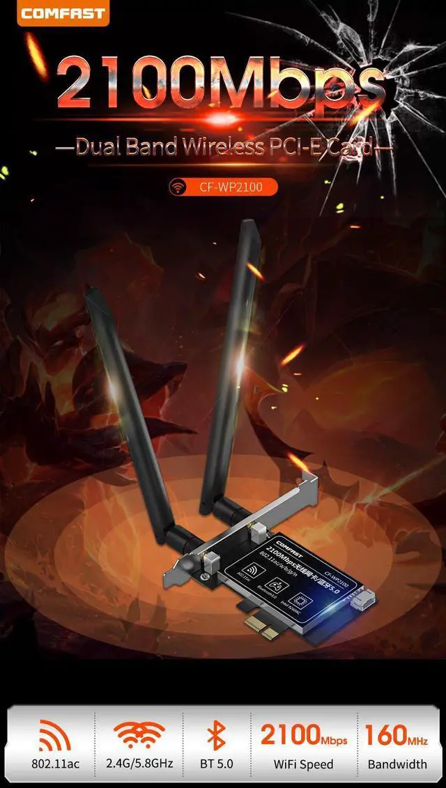 Alt view image 3 of 5 - Wireless Dual Band 2100Mbps Gigabit NGFF/PCI Express WiFi Adapter PCI-E Network Card 802.11b/g/n AC 2 Antennas Desktop PC Win10