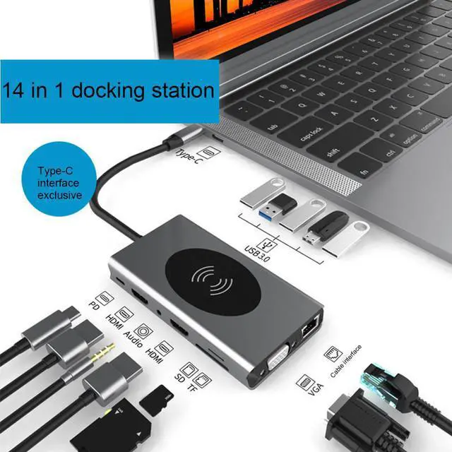 Alt view image 4 of 5 - Display USB C Hub 14 in 1  RJ45 VGA USB HUB 3.0 Adapter Dock for MacBook Pro Card Reader USB Splitter Type C USB HUB