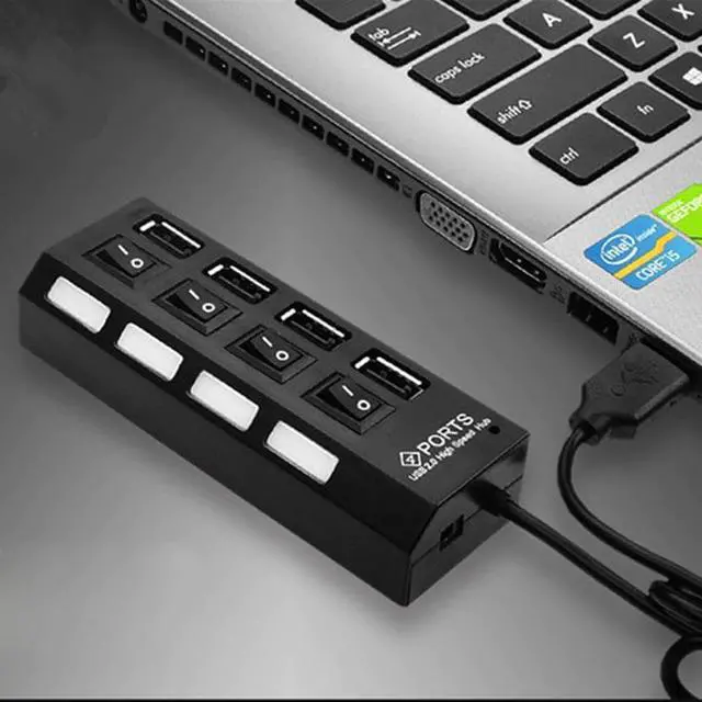 Alt view image 4 of 5 - USB HUB 2.0/3.0 4 Port USB Splitter with Power Port Adapter USB Splitter with On/Off Switch for Windows 7/8/10 Laptop Hub