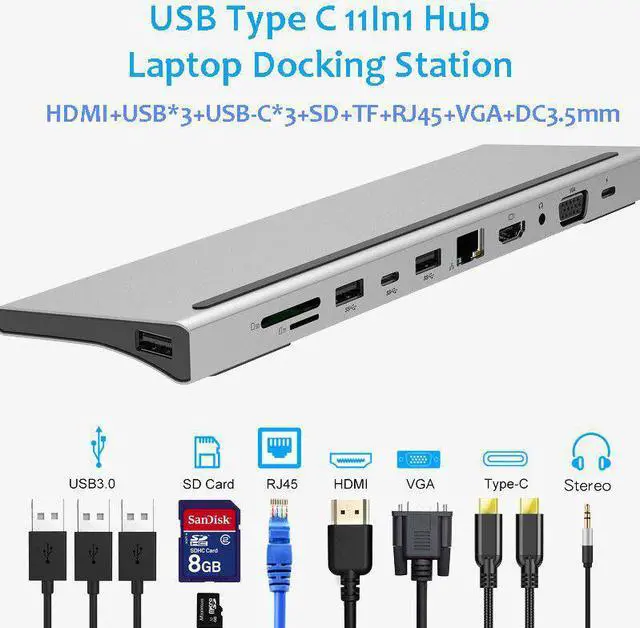 Alt view image 2 of 5 - 11 in 1 USB Type C Hub Adapter Laptop Docking Station /VGA/RJ45/PD/Thunderbolt 3 For MacBook Surface Compatible