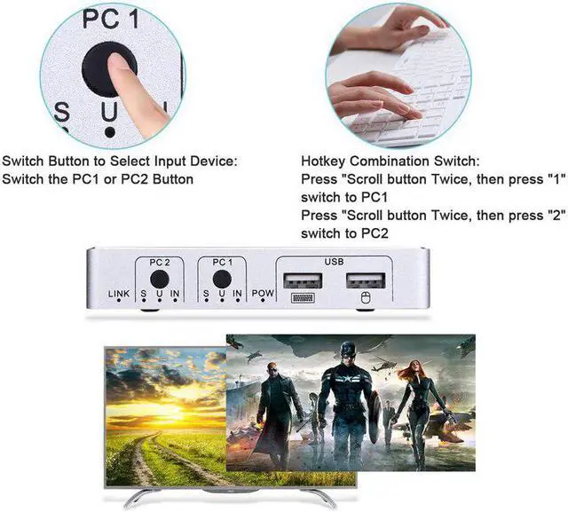 Alt view image 5 of 5 - 2020 4K 60Hz KVM Switch  2 Port  KVM Switch USB  PC Computer KVM Switch Keyboard Mouse Switcher Box for Laptop,PS4,Xbox