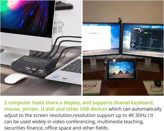 Alt view image 3 of 7 - 2X1  KVM Switch Port Box 3 USB 2.0 Hub UHD 4K@30Hz 2 In 1 Out Hotkey Switchs For Win7/8/10/XP/Vista New 2020.