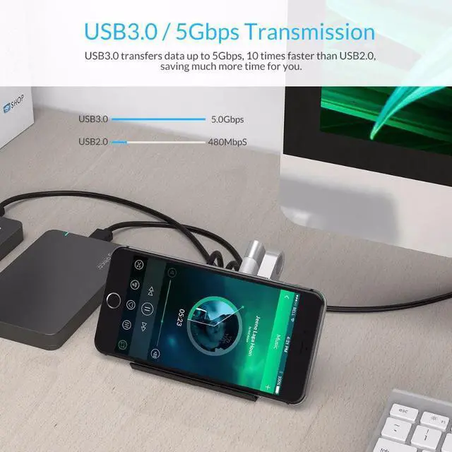 Alt view image 4 of 5 - USB HUB High Speed Mini 4 ports USB2.0/USB3.0 HUB for Desktop Laptop with Phone and Tablet Holder -Black/White(SHC)