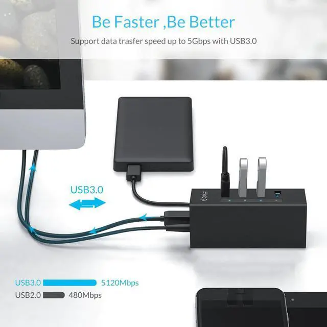 Alt view image 2 of 5 - Hub USB Aluminum USB 4 Port USB 3.0 Hub With 12V Power Supply 5Gbps Laptop Hub For Windows Macbook Computer Accessories
