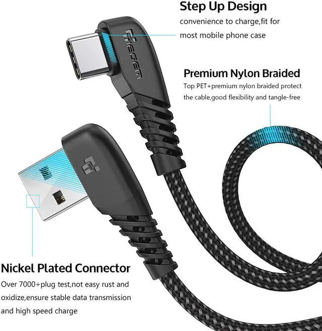 Alt view image 5 of 5 - 90 degree USB Type C Cable 3A USB-C Cable Type-C Fast Charging Cord for  S8 S9 S10 PLUS Mole Phone Cable 2M