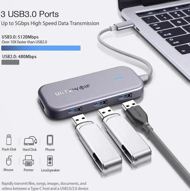 Alt view image 2 of 5 - BW-TH5 7 in 1 USB Type-C Hub with 3-Port USB 3.0 TF Card Reader USB C PD Charging 4K Display for MacBook for iPad