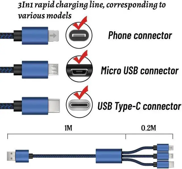 Alt view image 4 of 5 - 3 In 1 USB C cable 3A fast charging nylon braided charger for  S10 Android phone Micro USB multifunctional fast charging