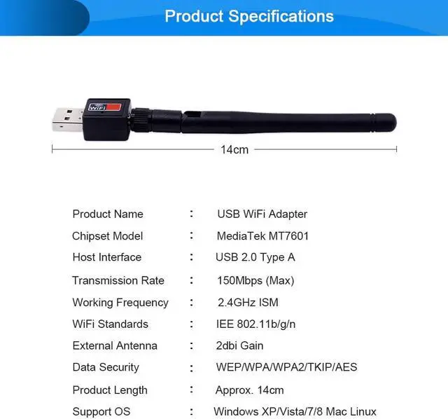 Alt view image 2 of 5 - Mini USB WiFi Adapter 150Mbps External Wireless LAN Network Card Antenna Wi-Fi Receiver Dongle 802.11n for PC Windows Mac