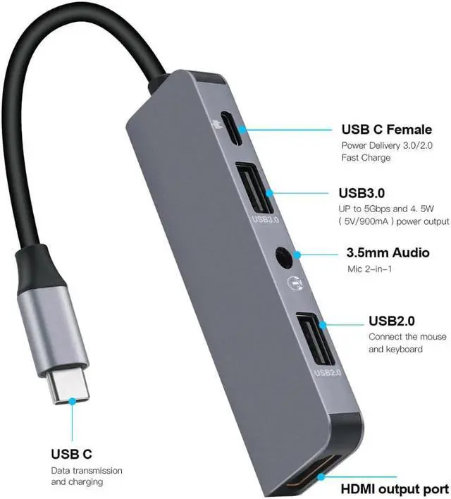 Alt view image 2 of 5 - C HUB, 5-in-1 Type C HUB with 2  3.0 Port,4K ,Audio/Mic Port, C 100W PD Charging Compatible for MacBook/Pro/Air
