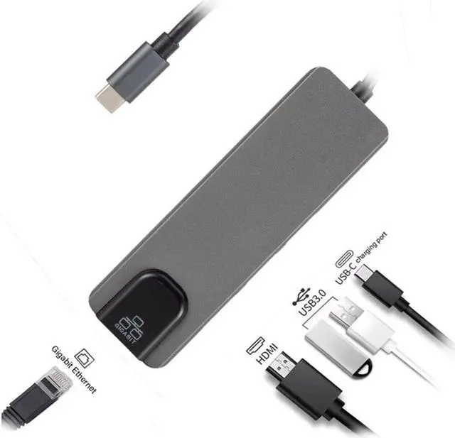 Alt view image 4 of 5 - 5 in 1 USB C Hub to Gigat Ethernet Rj45 Lan Adapter for Macbook Pro iPad Pro 11 12.9 2018 Thunderbolt 3 Type c Hub