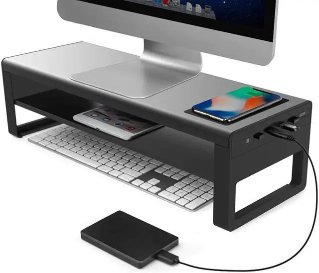 Alt view image 3 of 5 - Alloy Monitor Stand Computer Base Table With 4 Usb 3.0 HUB mole phone wireless charging Laptop Desk Stand
